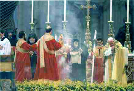 JPII performing liturgy with heretics at St. Peter's Basilica

Religious Indifferentism - Vatican, November 11, 2000

Below, John Paul II, together with the Monophysite Armenian patriarch Karekin II, fourth from left, preside at an liturgical ceremony at St. Peter's Basilica.
