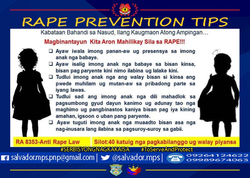 Crime Prevention and Safety Tips for Rape. #ToServeandProtect #SerbisyongNagkakaisa