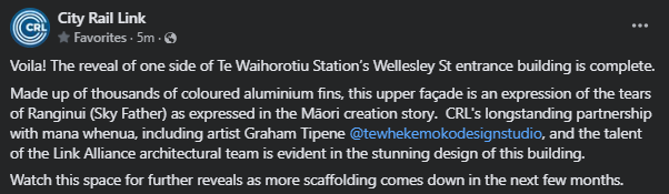 #CRLNews: The scaffolding on one side of the Wellesley St entrance building of Te Waihorotiu Station has been taken down, unveiling the thousands of coloured aluminium fins that comprise its upper façade.