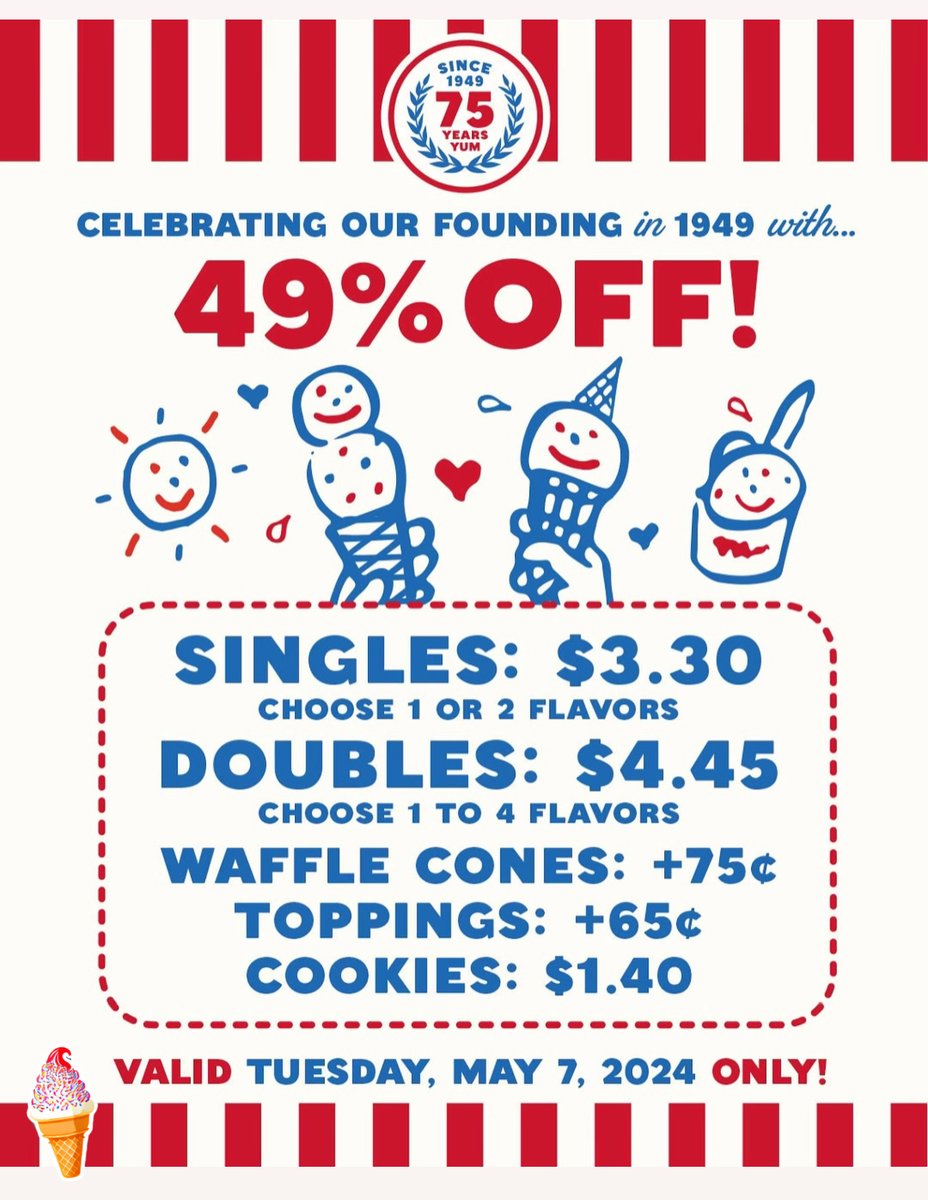 75 years of yum with McConnell's Ice Creams! They are turning back the clock, and prices, on Tuesday, May 7th with 49% off all McConnell’s scoops, so plan a stop at @GrandCentralMkt.