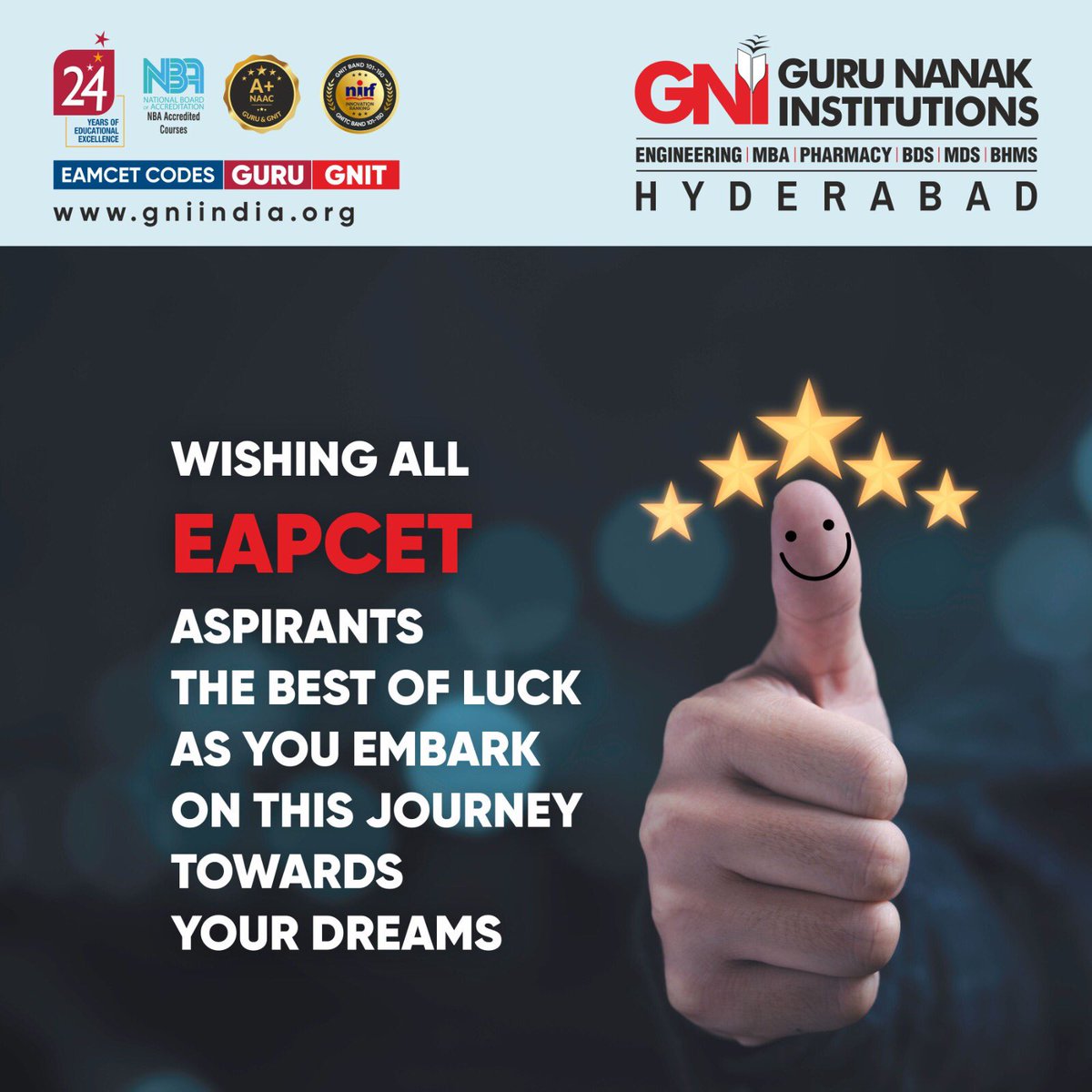 As EAPCET exams near, Gurunanak Institutions stands in solidarity with you. Trust your prep, stay focused, and keep determination strong. Your hard work will lead to success! 💼📝 #EAPCET #Determination #GurunanakInstitutions #SuccessIsYours