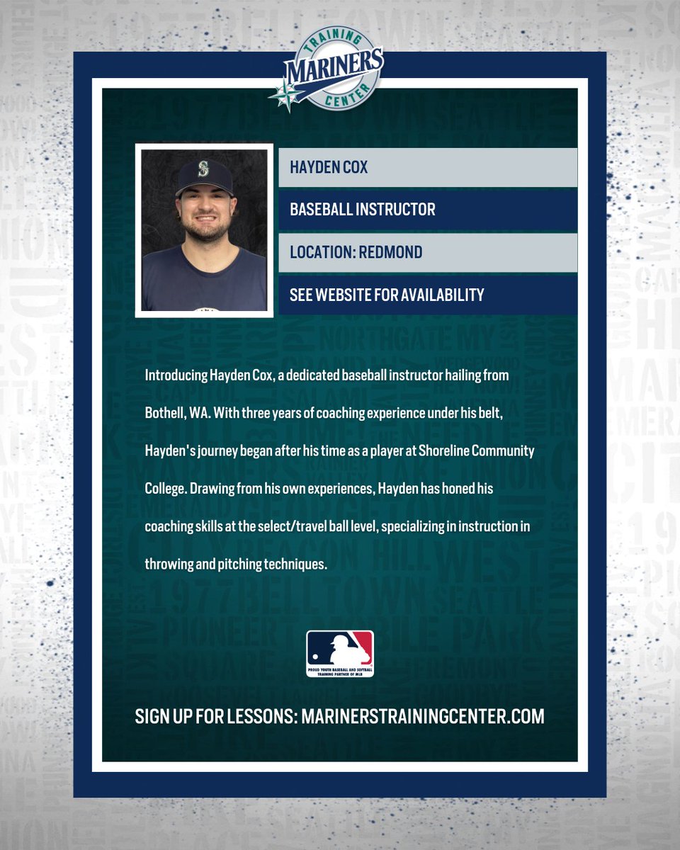 Baseball Instructor Spotlight! 🌟 Hayden Cox | 📍 MTC Redmond Specializing in throwing and pitching Book a lesson with him today! 👉 marinerstrainingcenter.com/lessons/