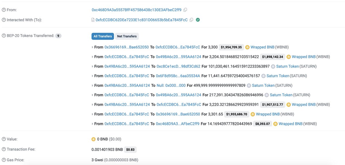 🚨#ChainAegisAlert @Saturn_POM you may want a look. bscscan.com/tx/0x948132f21… SATURN/WBNB pool was emptied, and lost ~$8K.