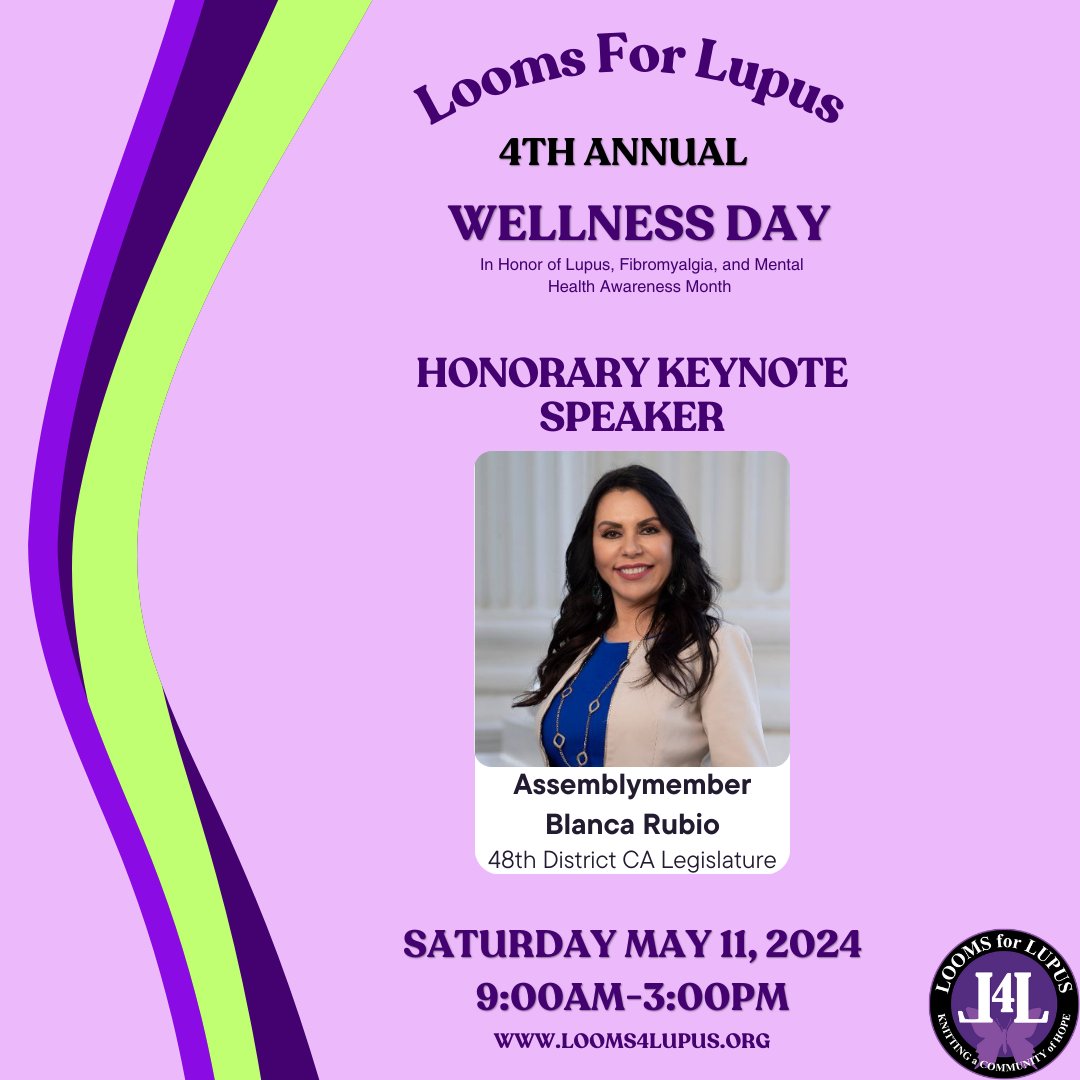 @AsmBlancaRubio will be the Hon. Keynote Speaker at @Looms4Lupus 4th Annual Wellness Day! Join us for a day of wellness & empowerment! If you have lupus / overlapping conditions or supporting someone who is, this FREE event is for you. Register ➡️ bit.ly/L4LWellnessDay…