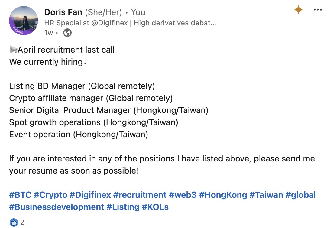 Still Hiring!! Send me your resume!!
TG: @DorisFann

#BTC #Cryptocurency #recruitment #web3 #HongKong #Taiwan #global #Businessdevelopment #Listing #KOLs
