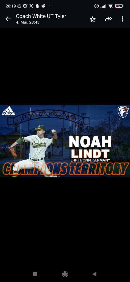 Noah Lindt (@noahlindt7) on Twitter photo I am very excited to announce my commitment to the University of Texas at Tyler ! I’m beyond grateful for this opportunity and would like to thank everyone who has supported me and helped me reach this point!
<a href="/uttylerbaseball/">UT Tyler Baseball</a>
<a href="/Vernon_Baseball/">Vernon College Baseball</a>
<a href="/taylorwhite25/">Taylor White</a>
<a href="/DevinMcIntosh25/">Devin McIntosh</a> I am very excited to announce my commitment to the University of Texas at Tyler ! I’m beyond grateful for this opportunity and would like to thank everyone who has supported me and helped me reach this point!
<a href="/uttylerbaseball/">UT Tyler Baseball</a>
<a href="/Vernon_Baseball/">Vernon College Baseball</a>
<a href="/taylorwhite25/">Taylor White</a>
<a href="/DevinMcIntosh25/">Devin McIntosh</a>