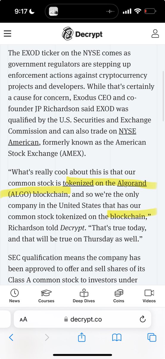 BREAKING: 1st company in the United States (@exodus_io) tokenizes their common stock on a blockchain. 🔥 Spoiler alert: They tokenize on @Algorand $ALGO. 👀 #NYSE #Stocks #BusinessNews #tokenization More: decrypt.co/229589/bitcoin…