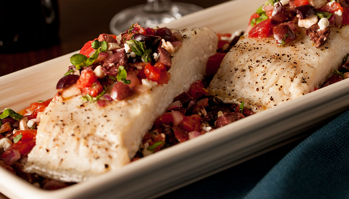 Easy Light Dish: Grilled flaky halibut topped with a Greek relish made with Petite Diced tomatoes, fresh basil, Kalamata olives, onion, and feta cheese from Chef JJ's Backyard! #PutTheLoveIn #EasyHealthyDelicious 

Recipe from @RedGoldTomatoes:  bit.ly/3P1iFeY