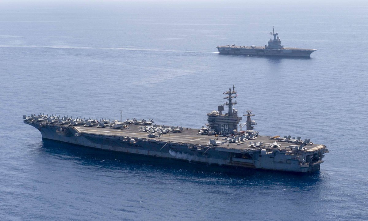 Aircraft carriers CHARLES DE GAULLE R91 of France and USS DWIGHT D EISENHOWER CVN69 operated briefly together 2 May in the Mediterranean Sea. CDG is newly-deployed, operating for the 1st time under NATO command