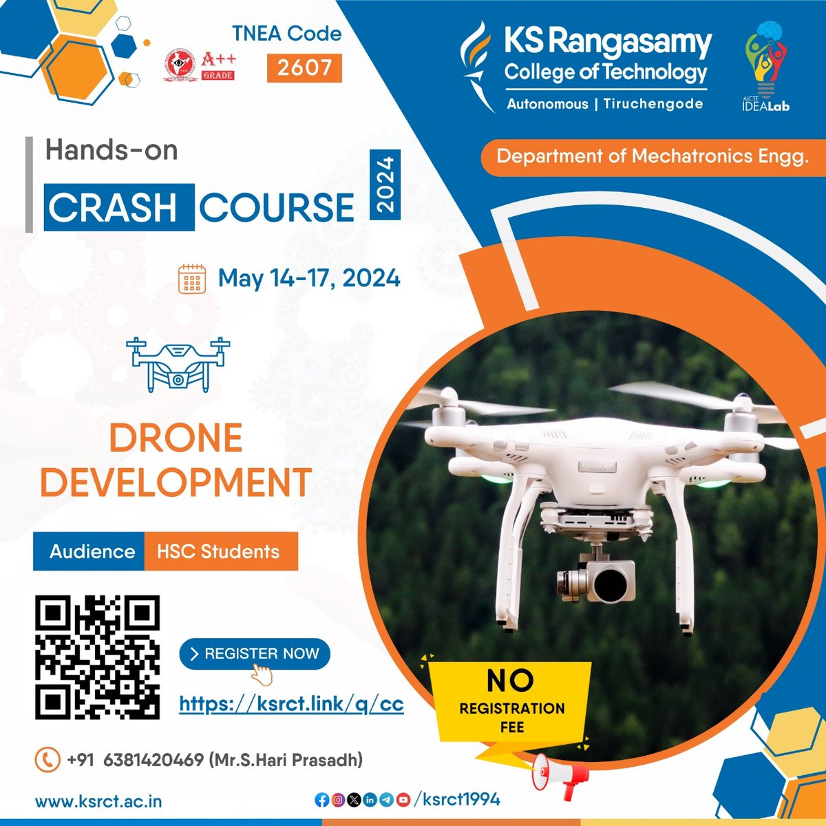 Department of Mechatronics Engineering at #ksrct1994 conducts crash course on 'Drone Development' for HSC student's exclusively during May 14-17,2024. Let's explore it. Registration FREE: ksrct.link/q/cc