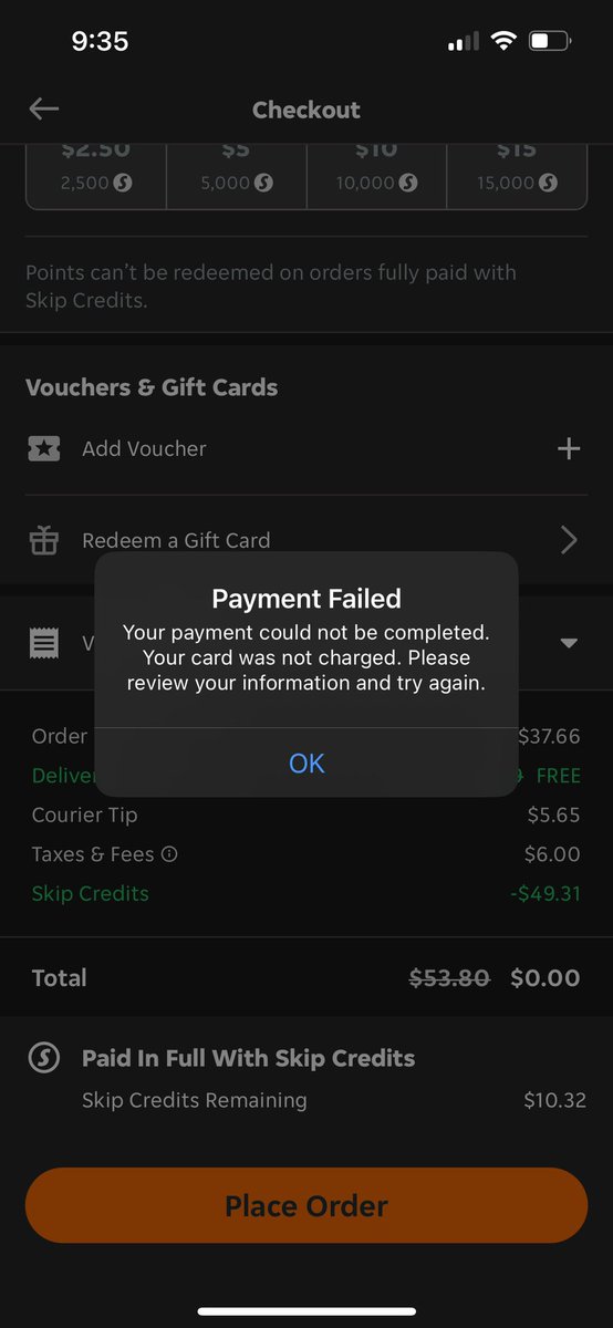 I am SO tired of @SkipTheDishes not letting me place orders with the skip credits on my account. It’s been four days and when I reached out to support they said “if you still can’t in 48 hours let us know”. I was given a gift card and used it once. How is this fair