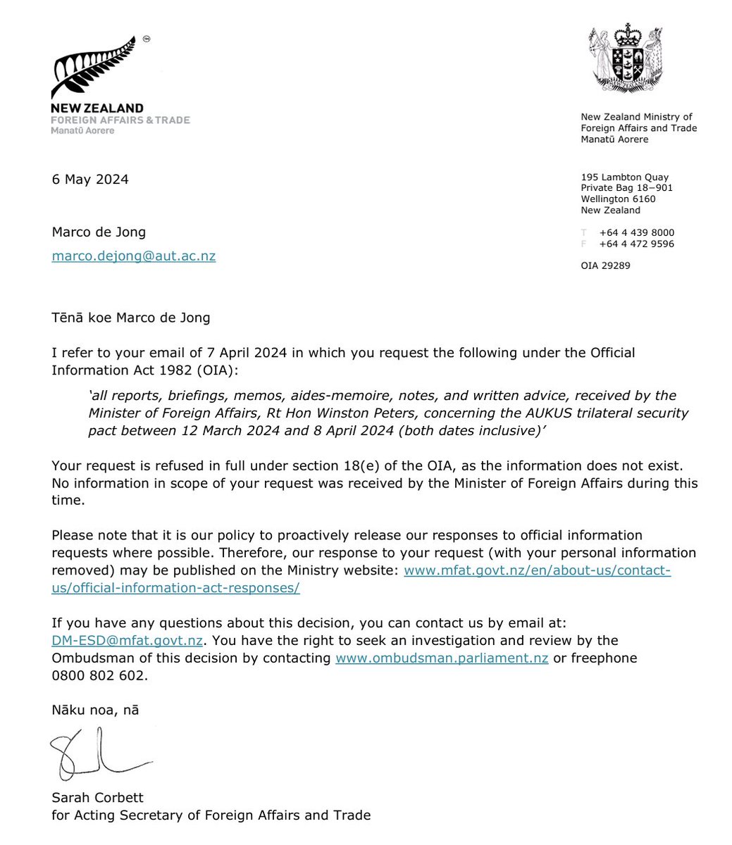 MFAT response to OIA request. Winston Peters did not receive any written advice regarding AUKUS from 12/03/24 - 08/04/24 in his capacity as FM.