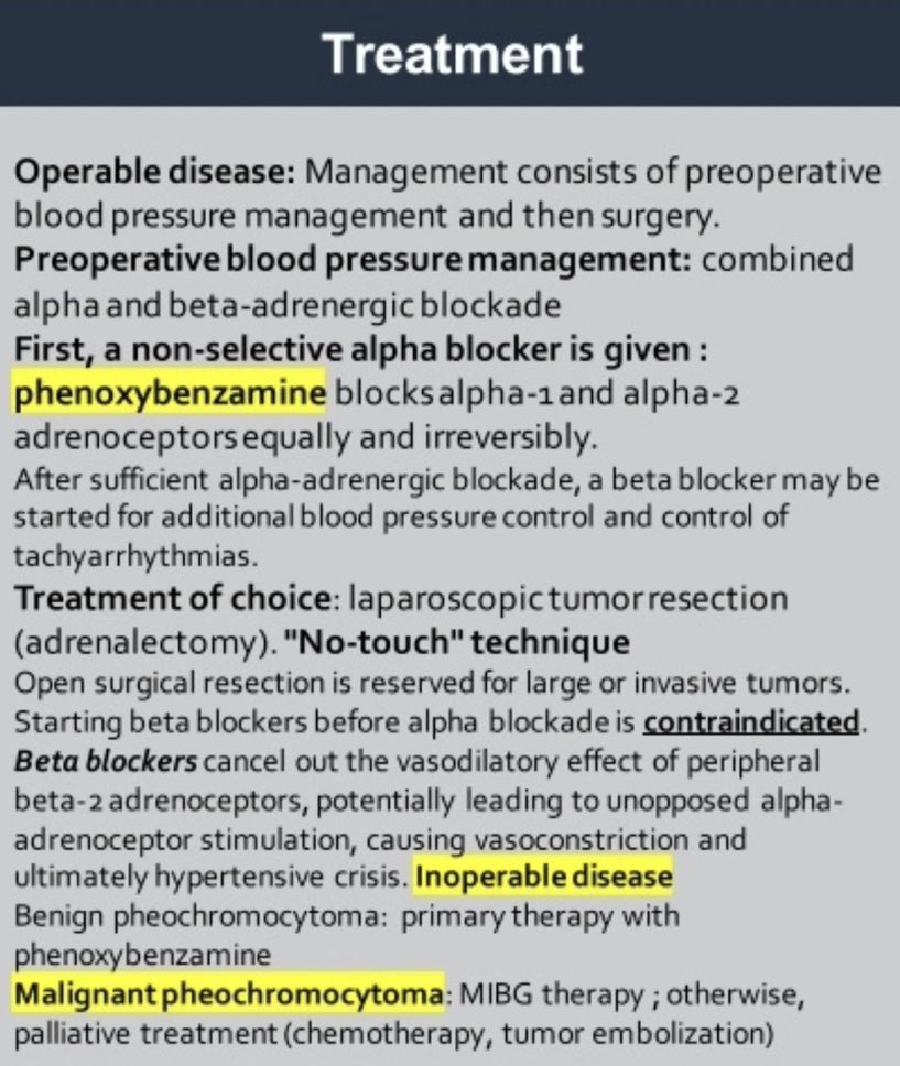 Pheochromocytoma - Adrenal catecholamine-secreting tumor; s/s: HA,  sweating,  palpitations, tremors, vision chgs; PE: HTN, orthostasis; Dx: ↑24h urinary catecholamines & metanephrines, or ↑plasma metanephrines, CT or MRI; Rx: alpha-blocker prior to beta-blockade --> resection