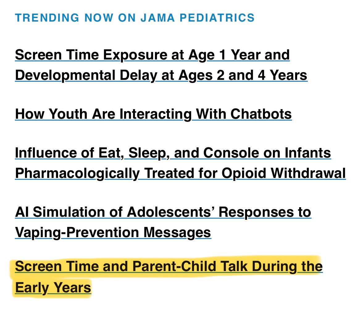 Two months since our @JAMAPediatrics paper was published so very cool to see it still trending & with over 37k views 😱 Thanks everyone who has shared it with their networks. I’m very proud of this work & the impact it’s having. #screentime #earlylanguage jamanetwork.com/journals/jamap…