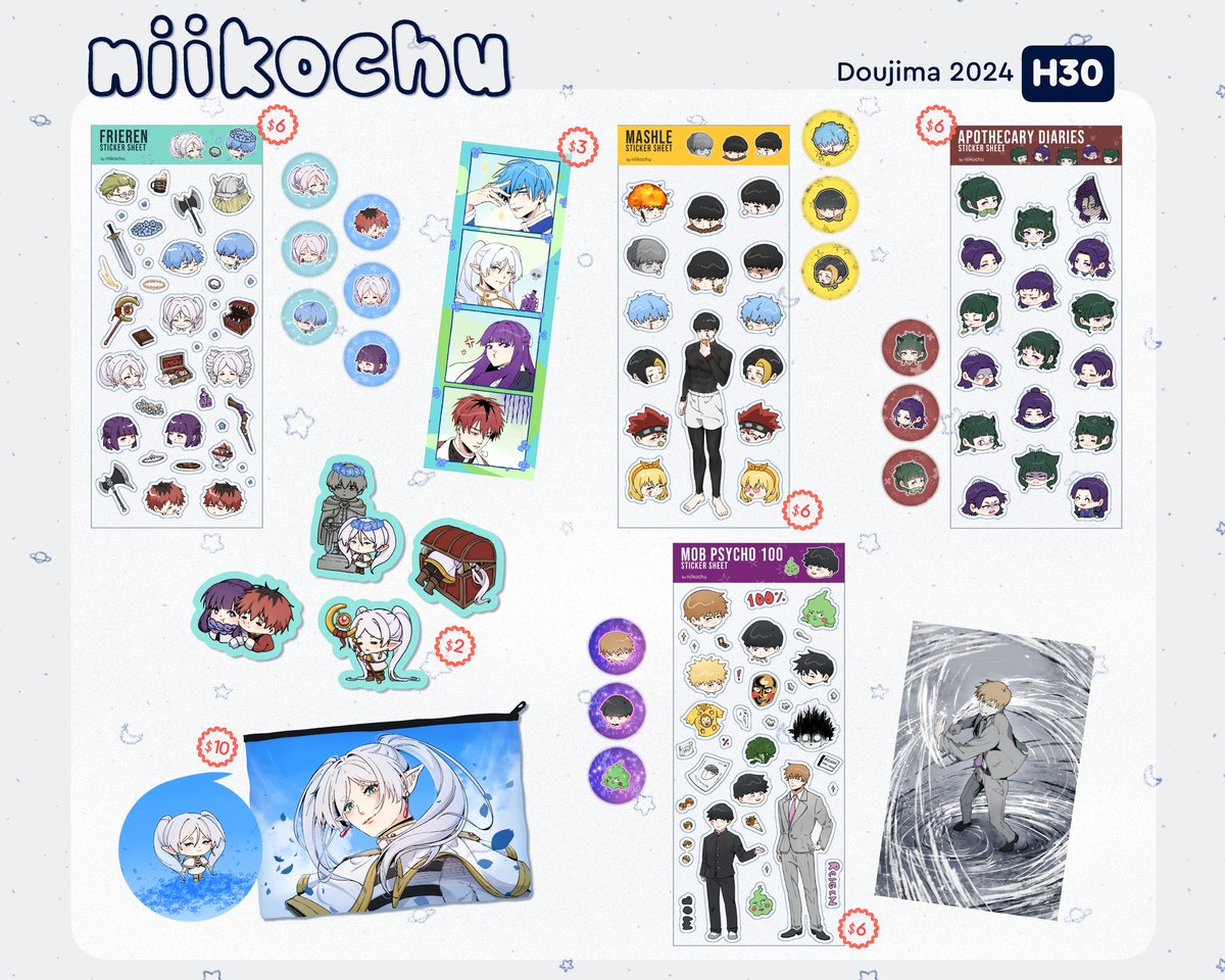 [RTs 💙🛐] Helloo~ Here's my catalogue for Doujima SG this weekend 🥳 I have mostly JJK stuff + a few Frieren and my recent faves ✨️ I'll be at table H30, near the entrance! It's also my first int'l con so I'm rly excited 🥹 pls drop by if you can 💙 #doujima2024 #doujimasg