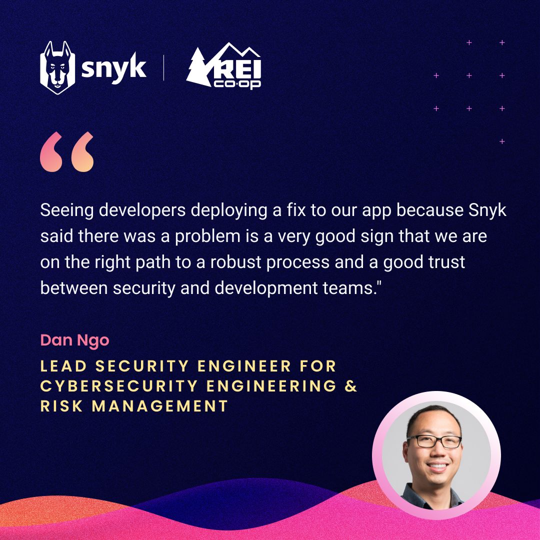 😌 Achieving application security is as easy as 1️⃣, 2️⃣, 3️⃣ with Snyk! There's a reason why our solutions are loved by developers and trusted by security teams - just ask Dan Ngo of @REI. Learn how our other customers are winning big with Snyk. snyk.co/ugLdM https