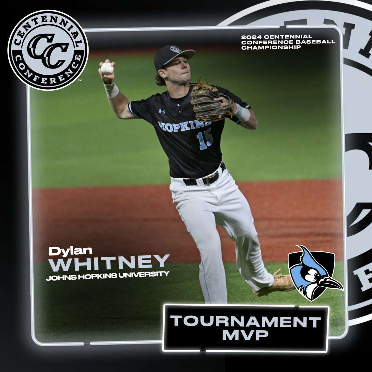 CentennialConf's tweet image. 🏆BASE | CHAMPIONS 

No.1⃣8⃣

@HopkinsSports is the 2024 Centennial Conference Baseball Champions! The Blue Jays claim a repeat title, marking their 18th #CCbase championship. 

Tournament MVP: Dylan Whitney

#CentConf #d3base