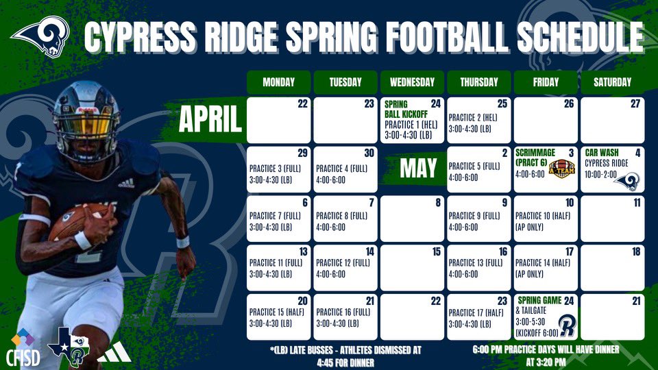 ✅Practice 7 #SpringFootball24 @RamNationCRHS @TruittAthletics @GatorMSFootball @Dean_CFISD @CypressRidgeHS 🎧Down the Stretch Sports Podcast @downthestr2023 Players of the Day LB Noel Tovar and RB Johan Fuentes #RecruitCypressRidge Special Thanks @CalFootball