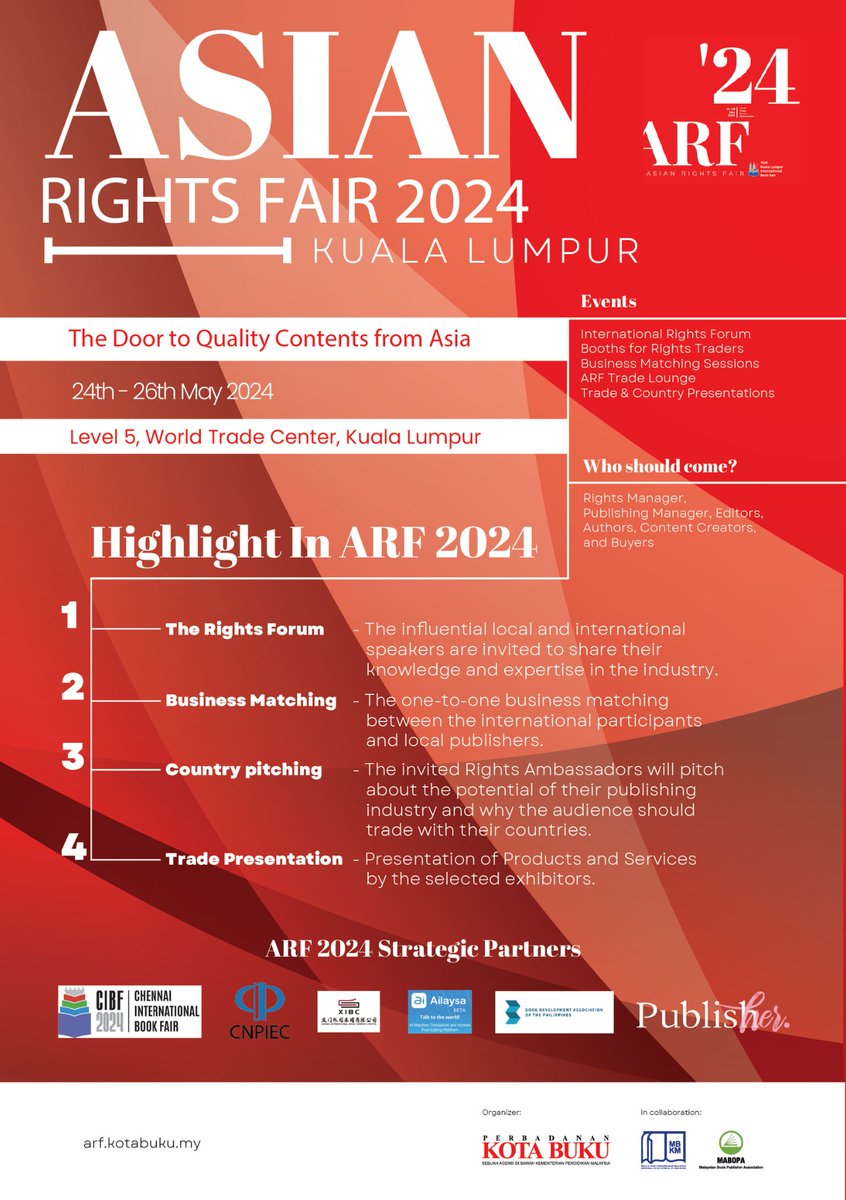 Asian Rights Fair 2024 di Aras 5, WTCKL, bermula 24 Mei - 26 Mei 2024.

#MalaysiaMembaca 
#DekadMembacaKebangsaan 
#BooktokMalaysia 
#PBAKL2024 
#KLIBF2024