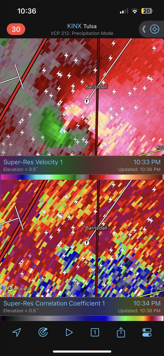 Dangerous situation underway. STRONG TO INTENSE TORNADO APPROACHING BARNSDALL, OKLAHOMA. An intense debris ball is present on radar. If you are in the city of Barnsdall, Oklahoma, SEEK SHELTER RIGHT NOW, DO NOT DELAY!! #okwx #PDS #tornado #weather #wxtwitter