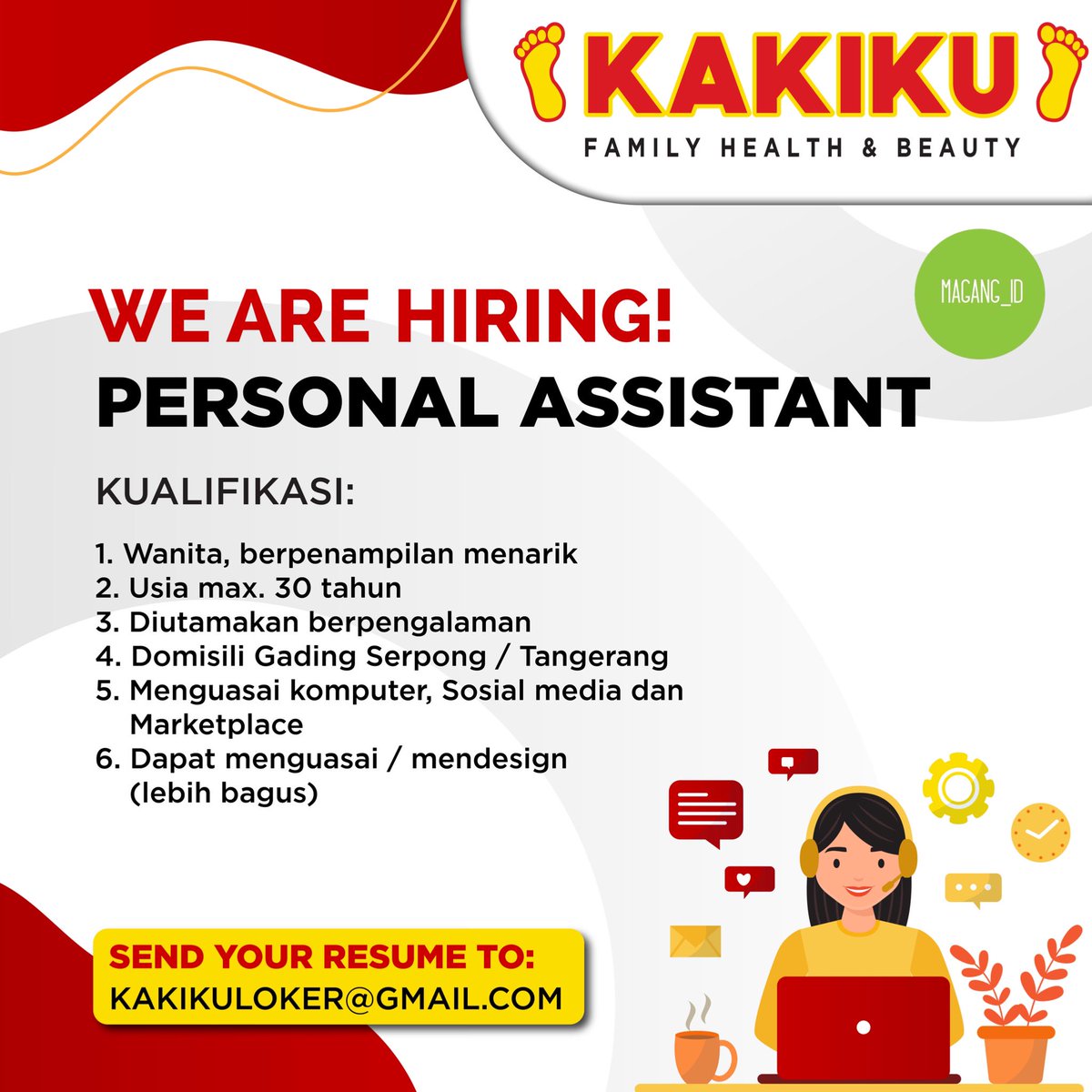 🏢 KAKIKU
👤 Personal Assistant
📍 Gading Serpong, Tangerang
📧 kakikuloker@gmail.com

#lowker #lowongan #infoLoker #infolowongan #infoLowker #LowonganKerja #magangID #infoLowonganKerja #lokerTangerang #InfoLowkerTangerang #InfoLokerTangerang #loker #lokerJabodetabek #tangerang