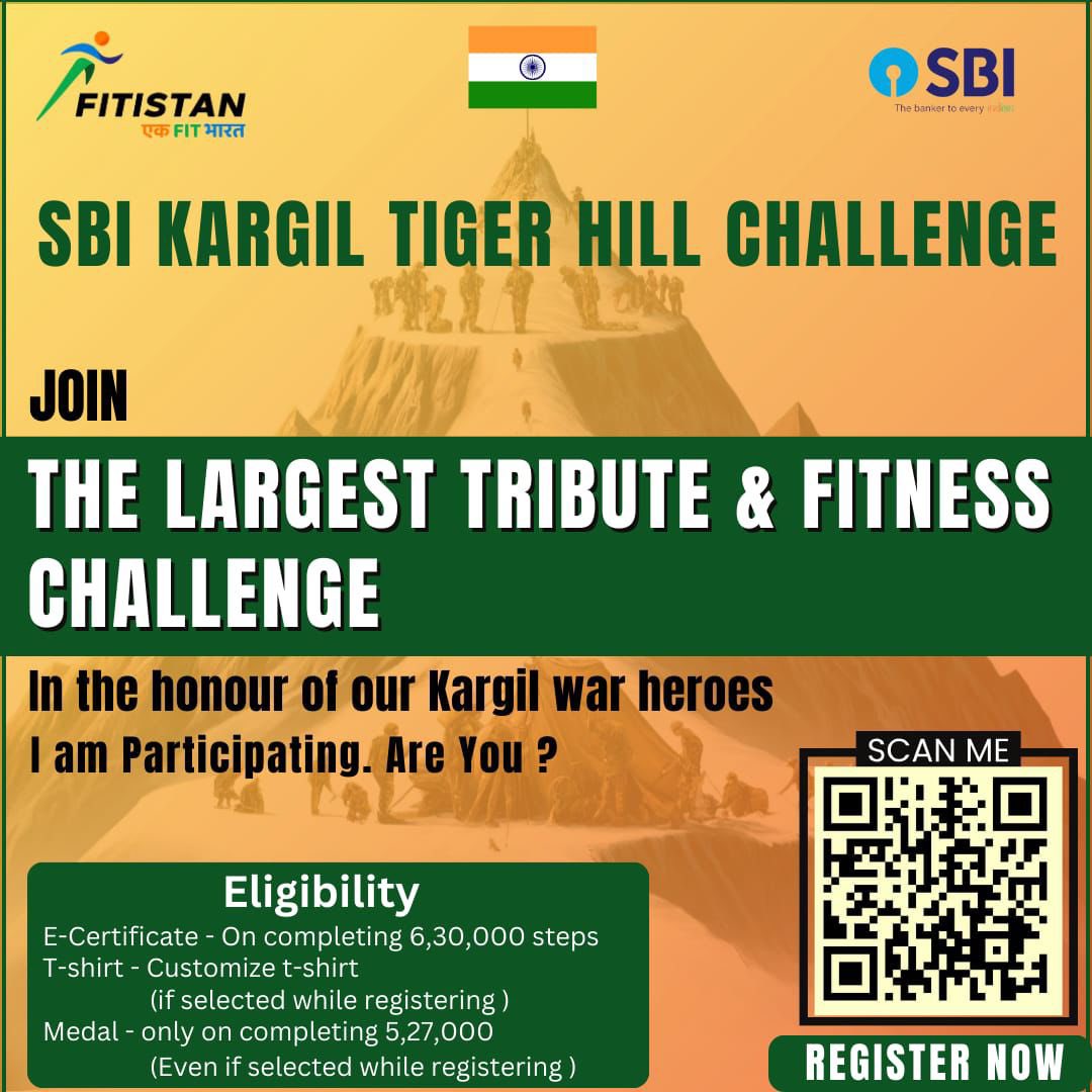 Join SBI Kargil Tiger Hill Challenge and pay tribute to Kargil Heroes Get Fitter - Be Part of Patriotic Fit Community of Bharat 🇮🇳 - ⁠To join Challenge click on app.fitistan.com or Download Fitistan App on Google Play Store Plz Share with ur Friends/Family 🙏 Jai Hind🇮🇳