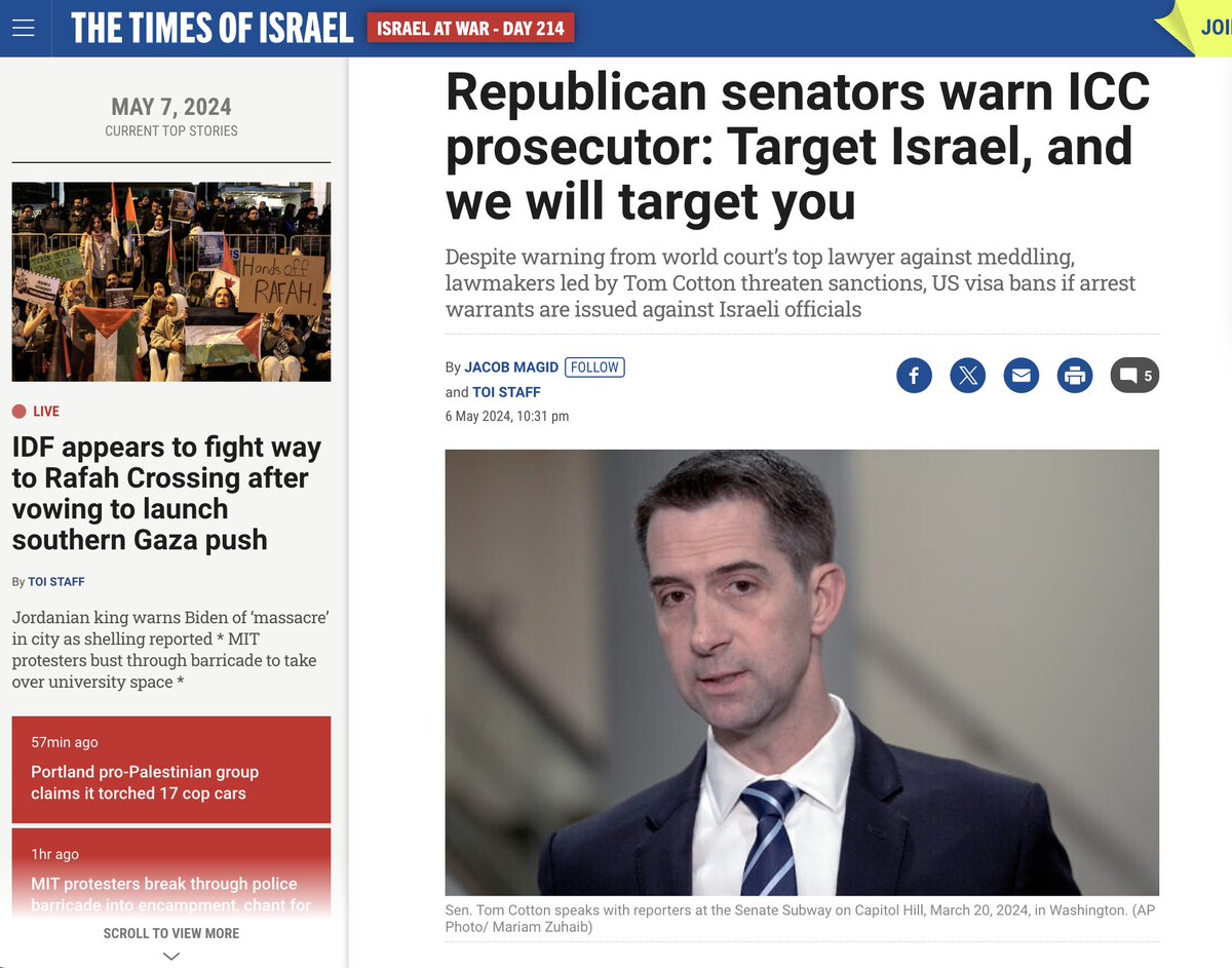 12 Republican senators threatened the International criminal court if it issues an arrest warrant against Netanyahu.

Meanwhile Israel threatened South African minister Naledi Pandor and her family. 

If this isn't terrorism, then what is?
jurist.org/news/2024/05/u…