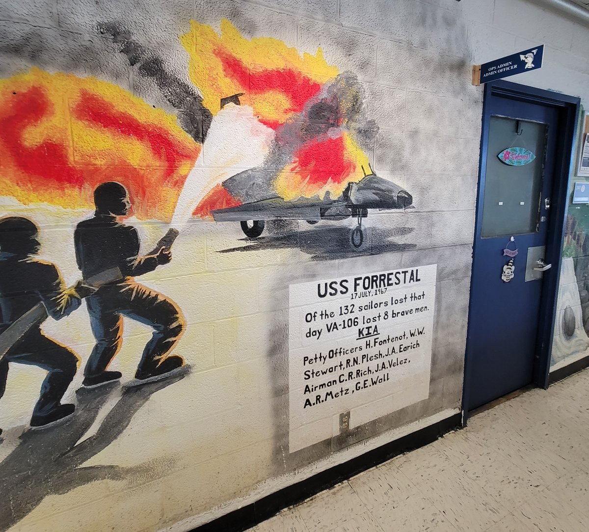 Hangar hallways of the Gladiators of Strike Fighter Squadron 106 #VFA106 at Naval Air Station Oceana VA feature artwork marking achievements and risks in the squadrons history. 106 is the East Coast Fleet Replacement Squadron with well over 60 F/A-18E and F Super Hornets assigned