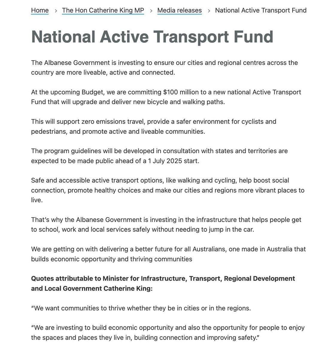 A #HealthyTransport win ahead of next week's Federal Budget! 🚲 $100 million has been committed to a new national Active Transport Fund, that will upgrade and deliver new bicycle and walking paths 👏👏 minister.infrastructure.gov.au/c-king/media-r…