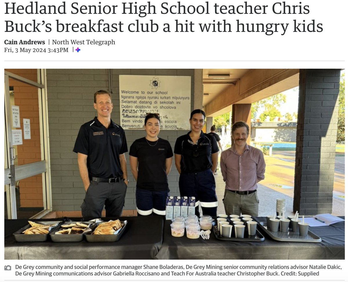 A teacher at the school since 2023, has established a breakfast program for underprivileged students who often come to class hungry. A $10k grant from #DeGreyMining will help fund this initiative. Read on: ow.ly/4Fyu50Ry6lU