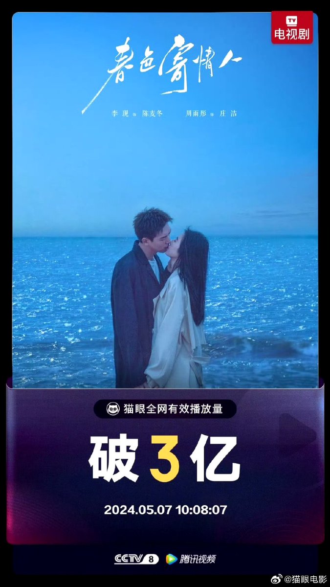 According to Maoyan, Tencent's urban drama #WillLoveInSpring of #LiXian and #ZhouYutong, 16th day after it started airing, the effective broadcast volume across the entire network exceeded 300 million! 🎉😍💙🧡