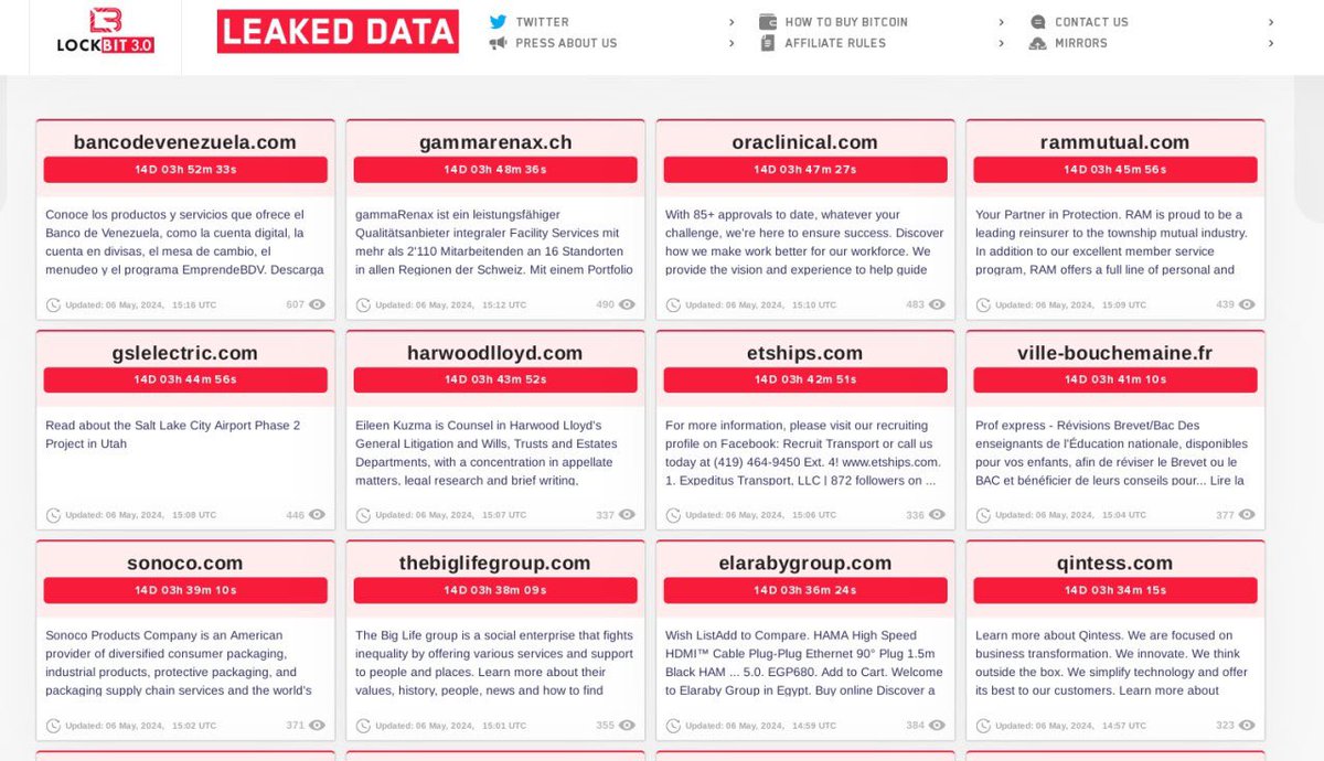 x00x01x01's tweet image. Ayer el Blog de Lockbit3.0 se inundo de docenas de victimas, entre las victimas se encuentran:
- bancodevenezuela.com 🇻🇪
- yucatan.gob.mx 🇲🇽
- acsistemas.com 🇪🇸
...
Fuente: …oluphh7fvdt5oa6arcp2757r7xkutid.onion
#lockbit #ransomware #venezuela #mexico #españa #onion