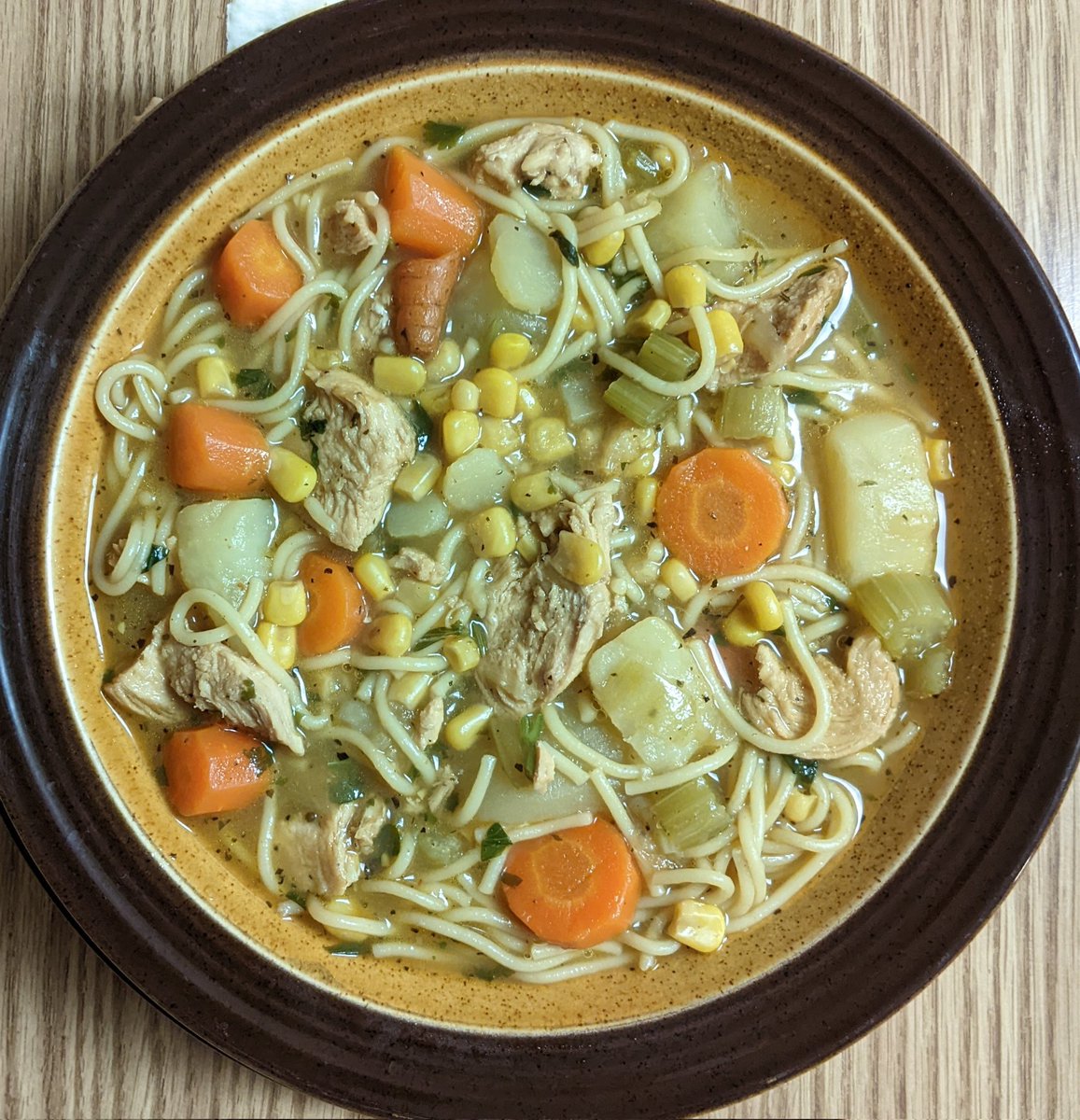 Chicken Noodle Soup

#allkindsofrecipes #testkitchen #chickennoodlesoup #chickennoodle #chickensoup #soup #soupseason #chicken #fideos #noodles #onions #carrots #celery #garlic #corn #potatoes #cilantro