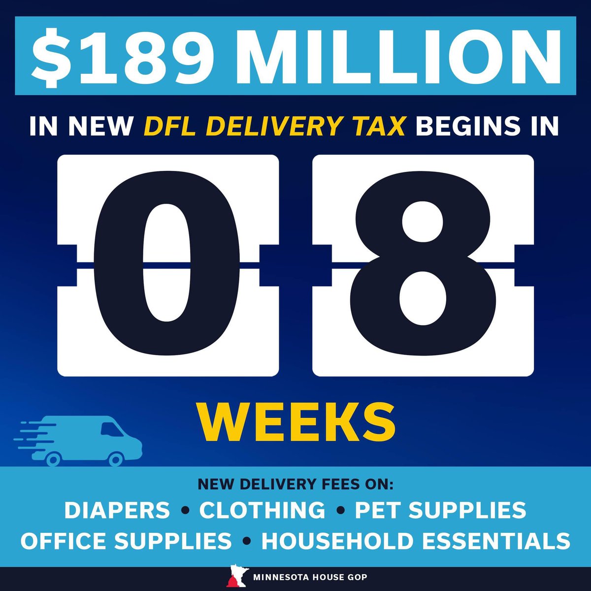 One of $10 billion in tax increases passed last session to pay for a 38% increase in state government is going to take effect in 2 months. Minnesotans are overtaxed! #DFLDeliveryTax