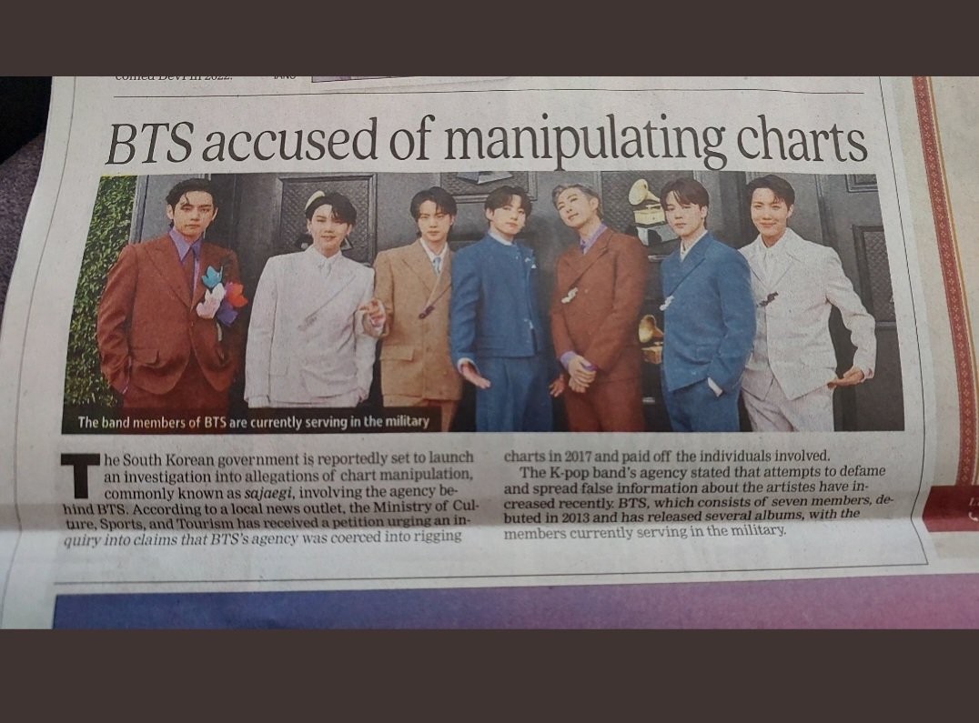 Hey @timesofindia 

Here's a picture of an article you published today about the K-Pop band BTS and the investigation into the ALLEGED chart manipulation. 

As a reputed newspaper I would have loved to see you do more research instead of publishing a sensationalist headline!! 1/4