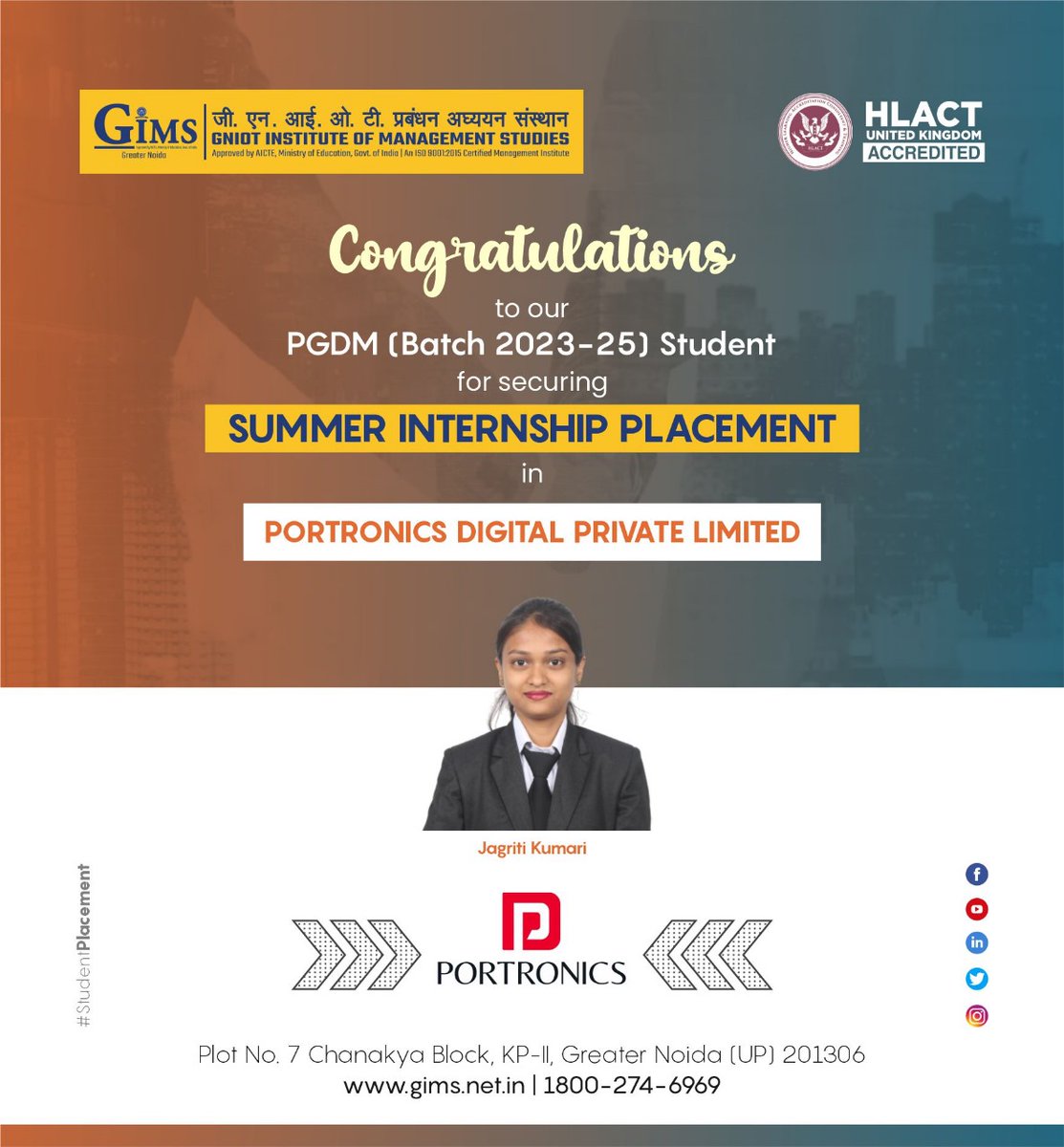 GIMS, Greater Noida proudly announces the SIP selection of its PGDM 2023-25 Batch student in Portronics Digital Pvt. Ltd. We wish her the best for a great learning experience ahead! Website Link: gims.net.in Toll Free No.: 18002746969 #gims #gniot #gimsian