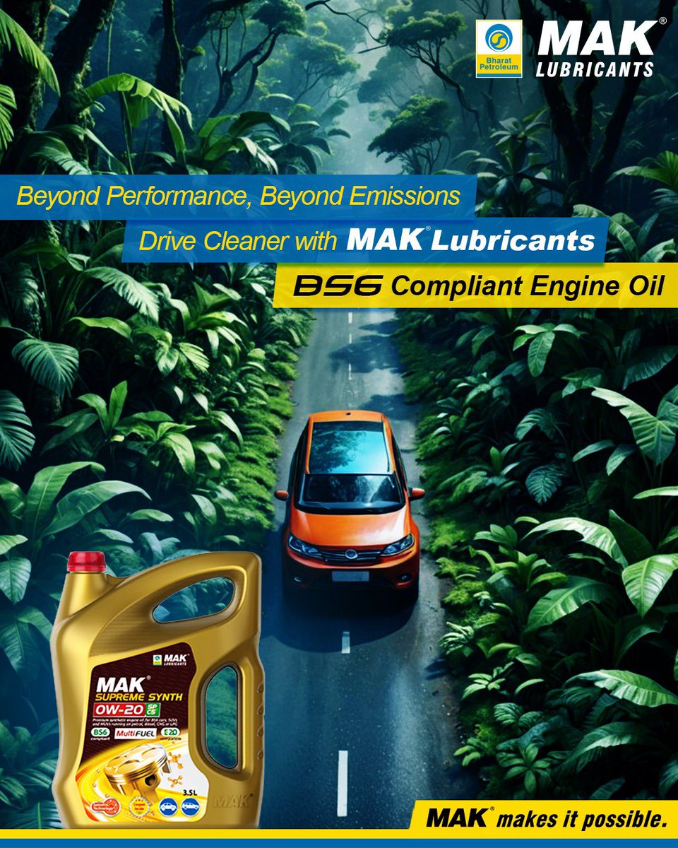 Let’s reduce emissions, ensuring a greener future for all. 🌍💚 Switch to BS-VI-compliant engine oil from MAK Lubricants. #maklubricants #bs6 #engineoil #environment #environmental #ecofriendly #planetearth #gogreen #sustainable #sustainability #carcaretips #maksupremesynth