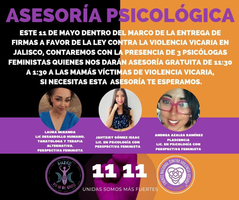 Ese día tendremos un ASESORATÓN con abogadas y psicólogas quienes darán asesorias a las mujeres que lo requieran de 11:30am a 1:30pm.

Te vemos el 11 de mayo frente al congreso del estado de Jalisco.

#11M 
#FNCVV
#MadreYoSiTeCreo
#nomásviolenciavicaria 
#leyvicaria