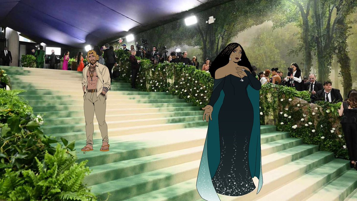 The goddess Aphrodite has arrived to the #MetGala in a custom gown of her own design, reminiscent of the glittery night skies that rein eternal above the ephemeral gardens of time. The god Apollo is also here.
