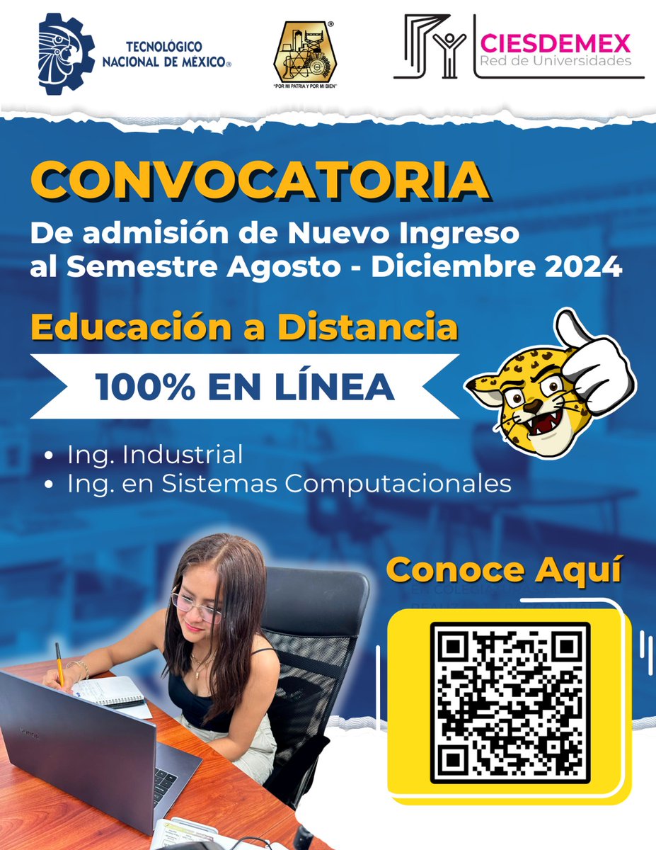 ¿Te gustaría estudiar una ingeniería Industrial o en Sistemas Computacionales?
Te invitamos a consultar la oferta académica que ofrece el Tecnológico Nacional de México Campus Ciudad Madero.
Encuentra la convocatoria en:
cdmadero.tecnm.mx/index.php/ofer…
#EducaciónADistancia #CIESDEMEX