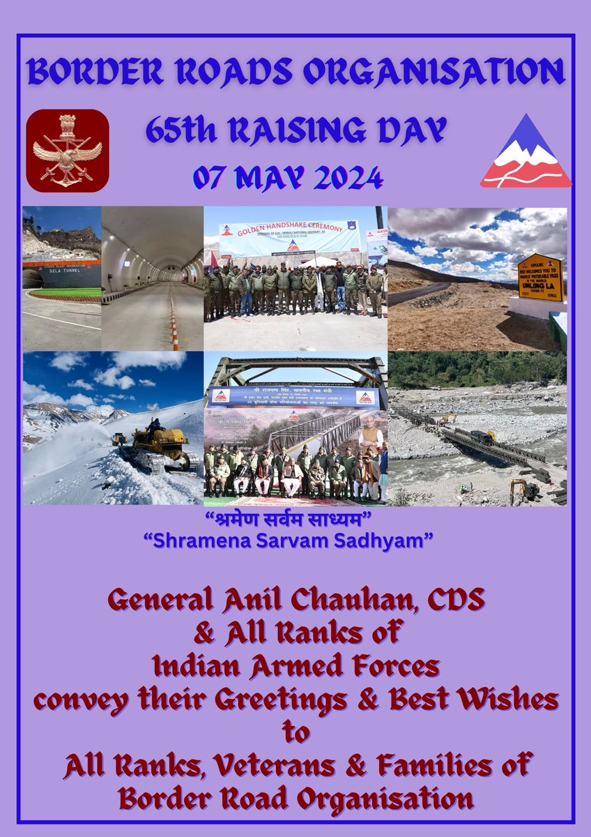 General Anil Chauhan,#CDS and All Ranks of #IndianArmedForces convey their greetings & best wishes to All Ranks, Veterans & Families of the Border Road Organsation #BRO on the occasion of their #RaisingDay. Their courage, commitment, and professionalism in building strategic