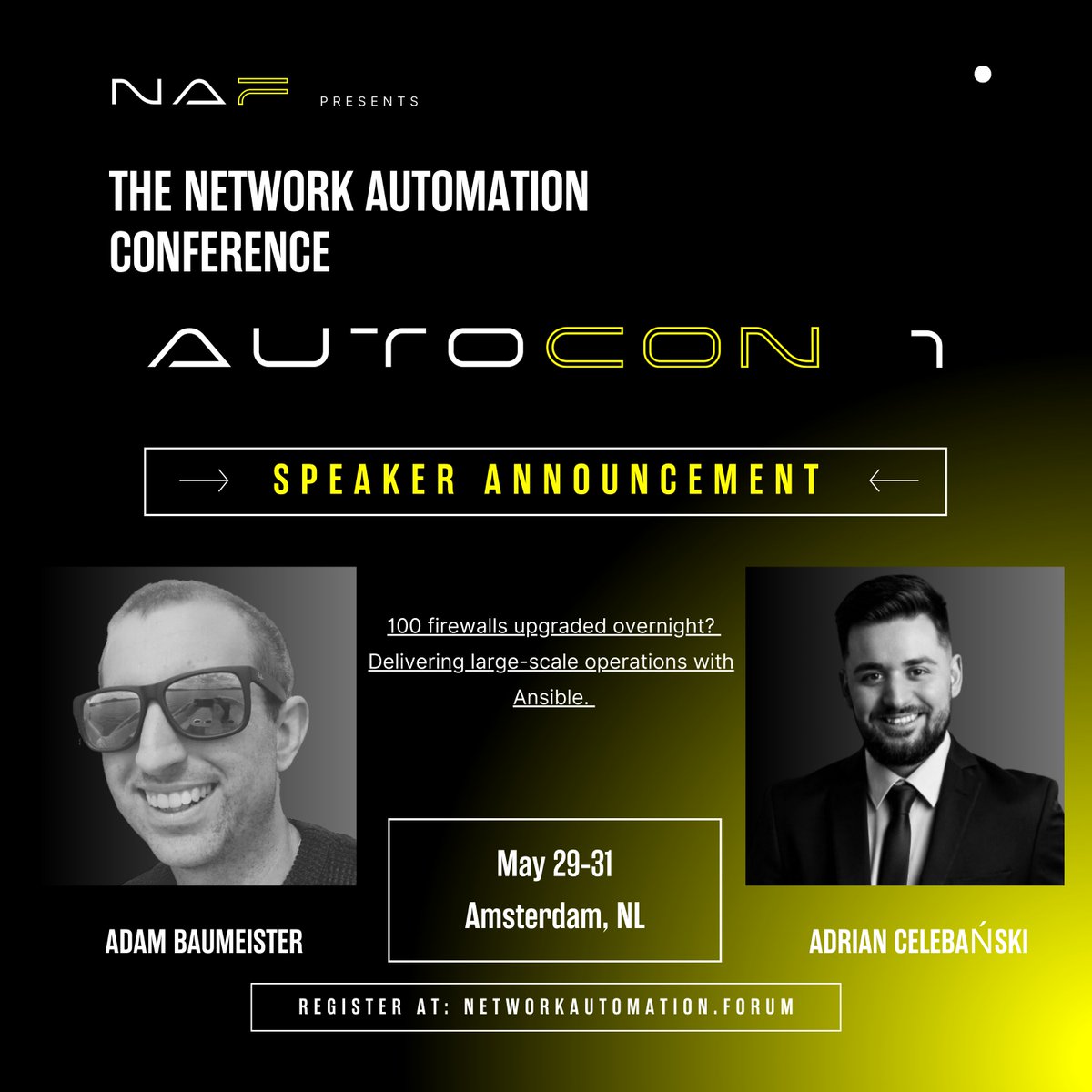 TechSalesCraft's tweet photo. #AutoCon1 Speaker Announcement: Adam Baumeister, with @PaloAltoNtwks, and Adrian Celebanski, with @CodiLime, - "100 firewalls upgraded overnight? Delivery large-scale operations with Ansible"

We are honored to have Adam and Adrian speak at #AutoCon1 in Amsterdam from 29-31 May! https://t.co/w0Rmh1uPAp