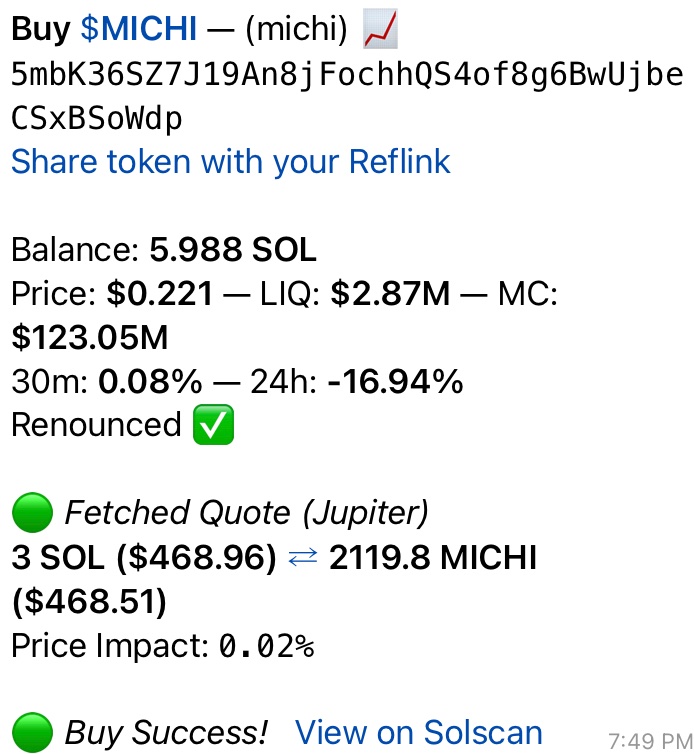 feelthruwords's tweet photo. The next $WIF is gonna be $MICHI fam it’s programmed 🐈

I picked up 3 more $SOL worth right now of @michionsolana at the dip 🥣

Come back to this tweet in a month and you are gonna wish you took this call 📞 https://t.co/EnmtPsbEk0