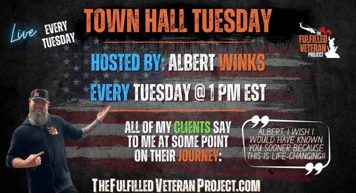 We are here for you every Tuesday at 1pm. 

join in on celebrating our fellow Veterans success and to ask us questions about your journey. 

Register for Town Hall at thefulfilledveteranproject.com/events/

#veterans
#specialforces
#specialops
#sof 
#thefulfilledveteranproject
#veteranowned