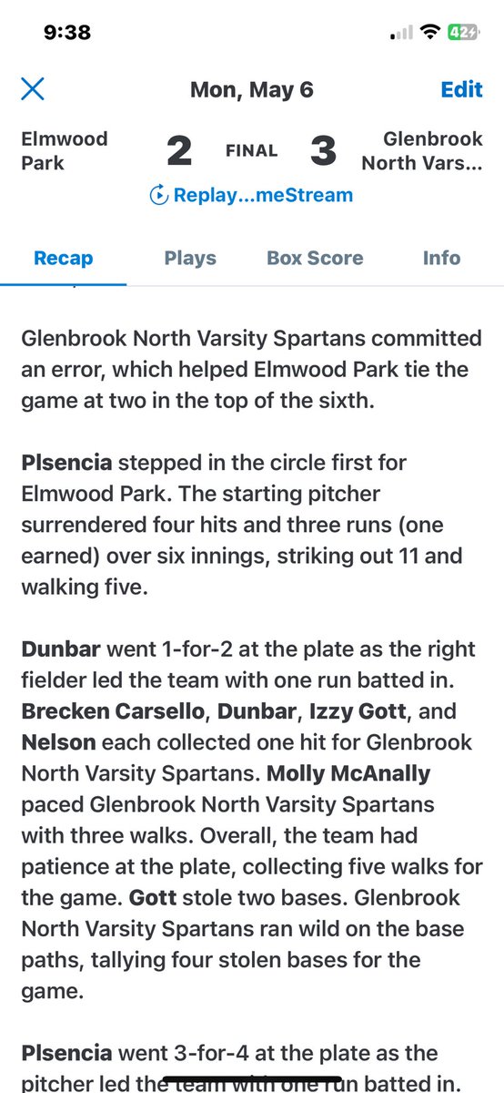 big win against Elmwood Park 3-2! Nelson gets her 100th K of the season to top it off! Spartans are now 12-12 and not slowing down anytime soon. <a href="/CSL_Varsity/">CSL Varsity</a> <a href="/suntimes_preps/">Sun-Times Preps</a> <a href="/chicagotribune/">Chicago Tribune</a> <a href="/GBN_Athletics/">Glenbrook North High School Athletics</a> <a href="/Suntimes/">Chicago Sun-Times</a> <a href="/dhpreps/">Daily Herald Preps</a> <a href="/dailyherald/">Daily Herald</a> <a href="/IHSA_IL/">Illinois High School Association #IHSA</a> <a href="/ica/">🌊プリズム求婚はに太郎👙</a> <a href="/MaxPreps/">MaxPreps</a> <a href="/LCNewsSunSport/">News-Sun Sports</a>