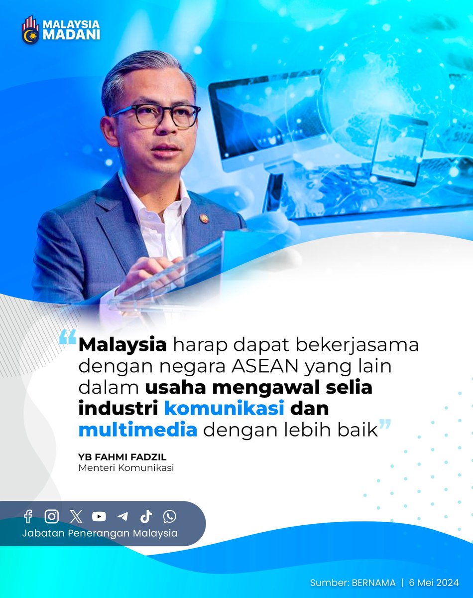 Menteri Komunikasi, YB Fahmi Fadzil berkata, rangka kerja pengawalseliaan serantau mengenai keselamatan dalam talian dijangka memudahkan penyelarasan dan kerjasama kalangan negara anggota ASEAN dalam menangani cabaran bersama berkaitan keselamatan dalam talian, serta membina -