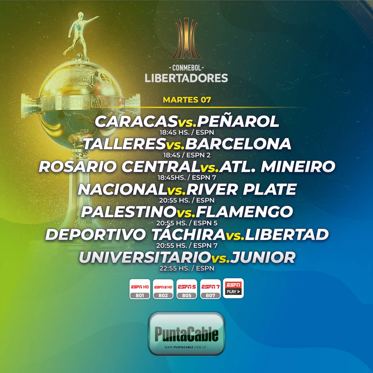 ⚽️¡Hoy martes, se disputan varios encuentros por CONMEBOL LIBERTADORES!
Lo disfrutamos por #PuntaCable a través de #ESPN, #ESPN2, #ESPN5 e #ESPNPlay