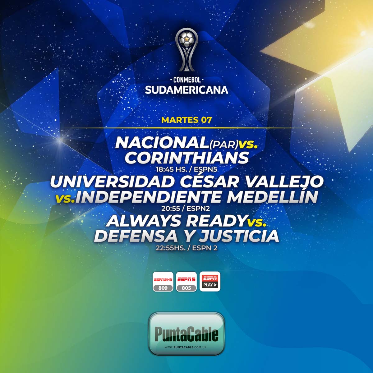 ⚽¡Martes a puro fútbol! CONMEBOL SUDAMERICANA
Lo disfrutamos por #PuntaCable a través de #ESPN2, #ESPN5 e #ESPNplay