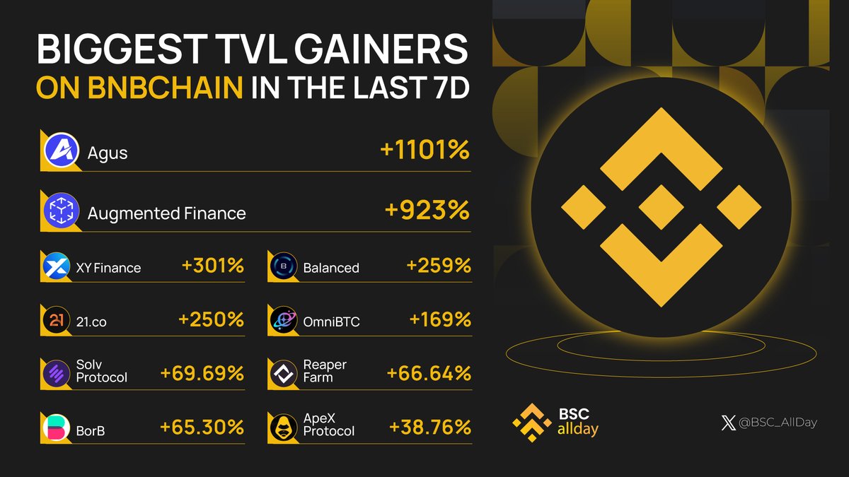 Check out the top gainers on @BNBCHAIN! 🚀 These projects have surged in TVL over the past week: @agusCryptocom @augmentedfin @xyfinance @BalancedDAO @21co__ @OmniBTC @SolvProtocol @Reaper_Farm @borb_fi @OfficialApeXdex Ready to ride the wave of growth? 🌊 #BNBChain #BSCAllday