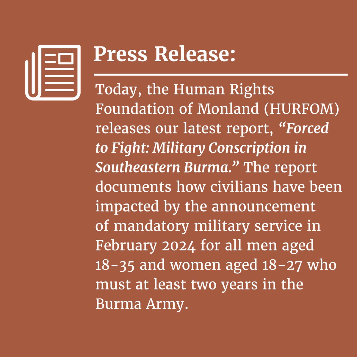📄New report by HURFOM, 'Forced to Fight,' finds that the military junta in Mon State, Karen State, and the Tanintharyi region is using abusive practices and misleading messages to enlist new recruits. 📌Press Release: t.ly/NTL6_ 📌Report: t.ly/A079o